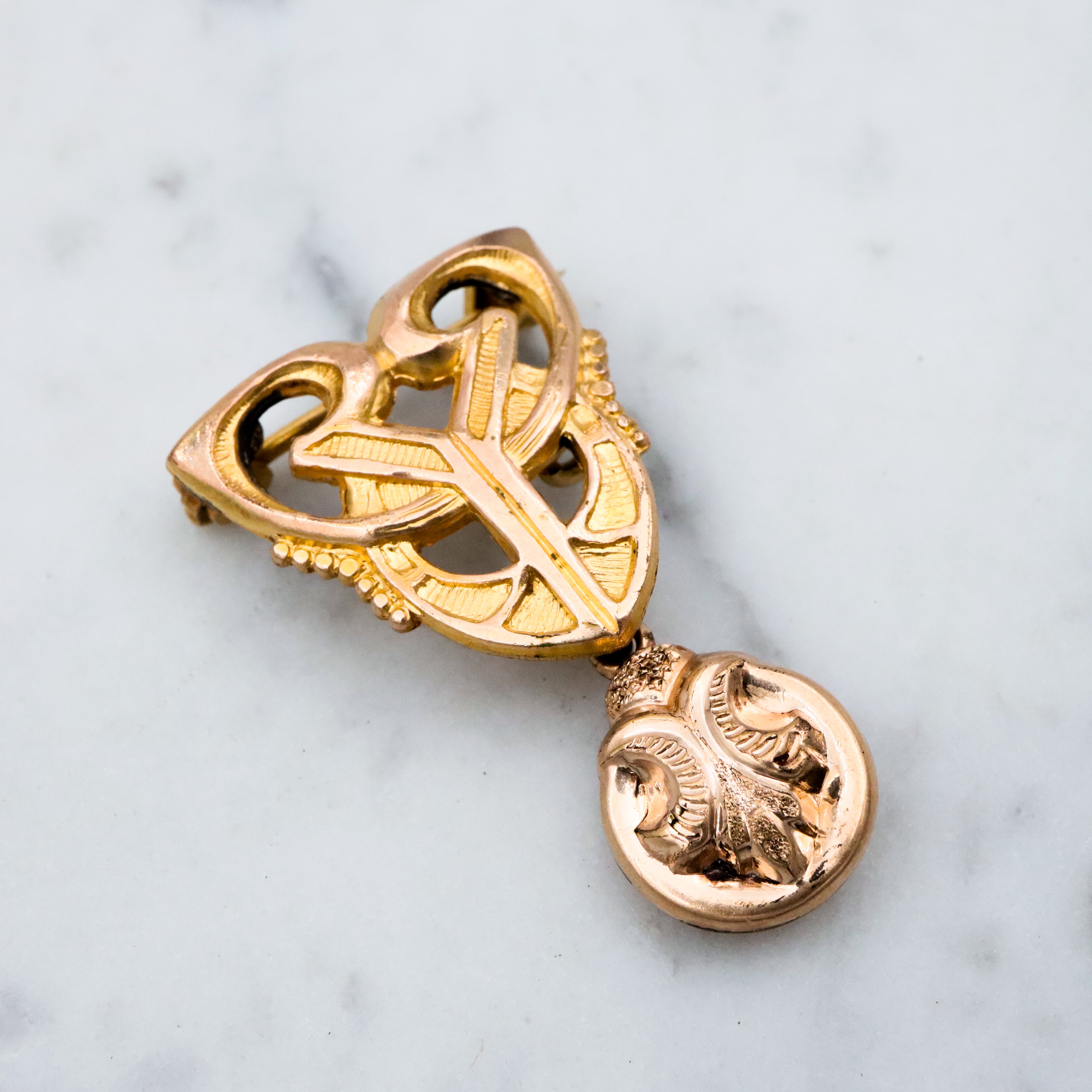 Antique Art Deco geometric gilt metal watch clip brooch w/fob drop